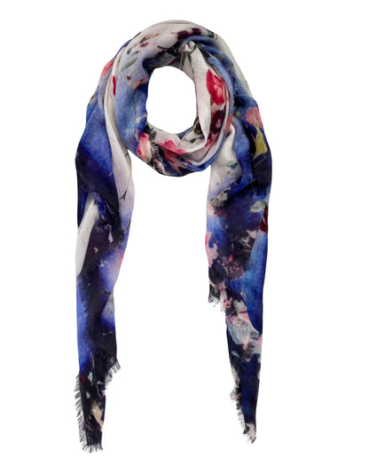 Oversized Ultrafine Pure Cashmere Floral Scarf Wrap Blue