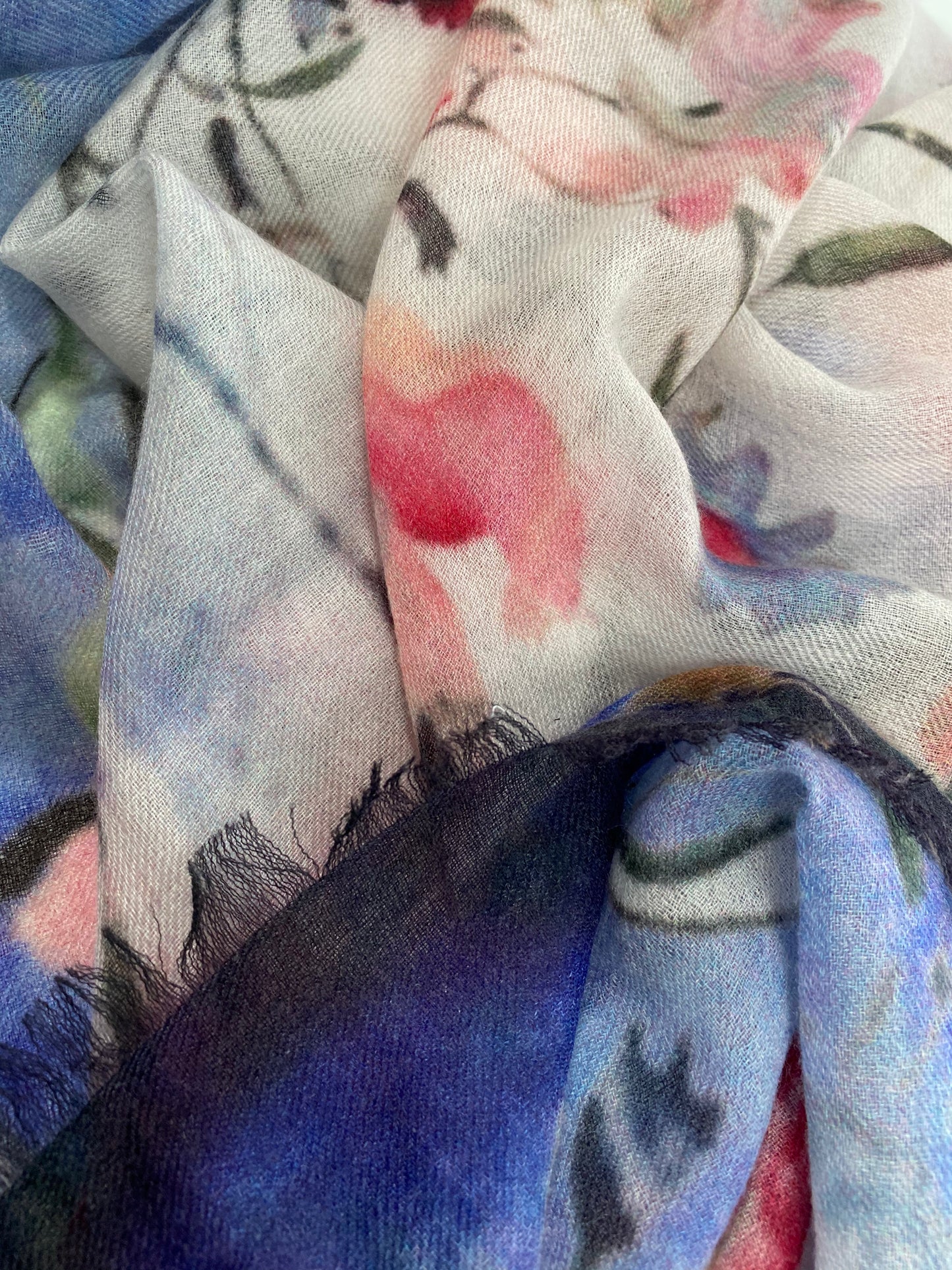 Oversized Ultrafine Pure Cashmere Floral Scarf Wrap Blue