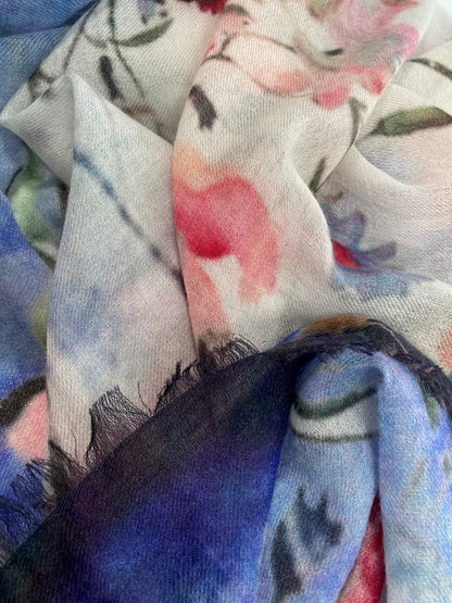 Oversized Ultrafine Pure Cashmere Floral Scarf Wrap Blue