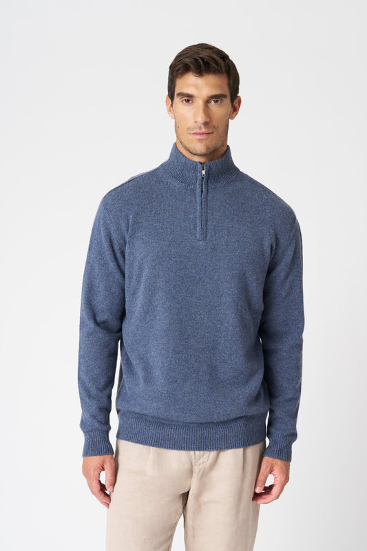 Men's Cashmere-Wool Half-Zip Knit Sweater – Light Denim, view 1