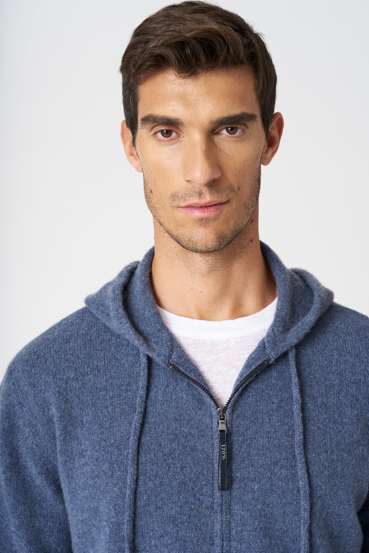 Men's Cashmere-Wool Knit Zip Hoodie – Light Denim, view 2