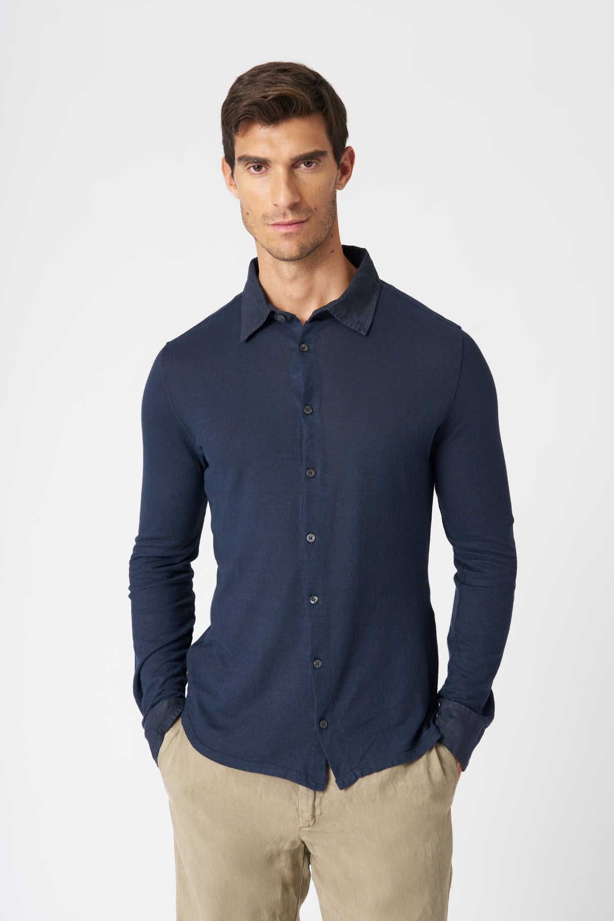 Men's Classic Collar Slim Fit Linen Shirt – Marine, view 1