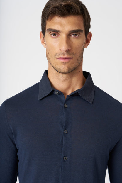 Men's Classic Collar Slim Fit Linen Shirt – Marine, view 2
