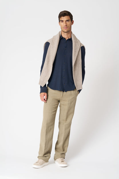 Men's Classic Collar Slim Fit Linen Shirt – Marine, view 3