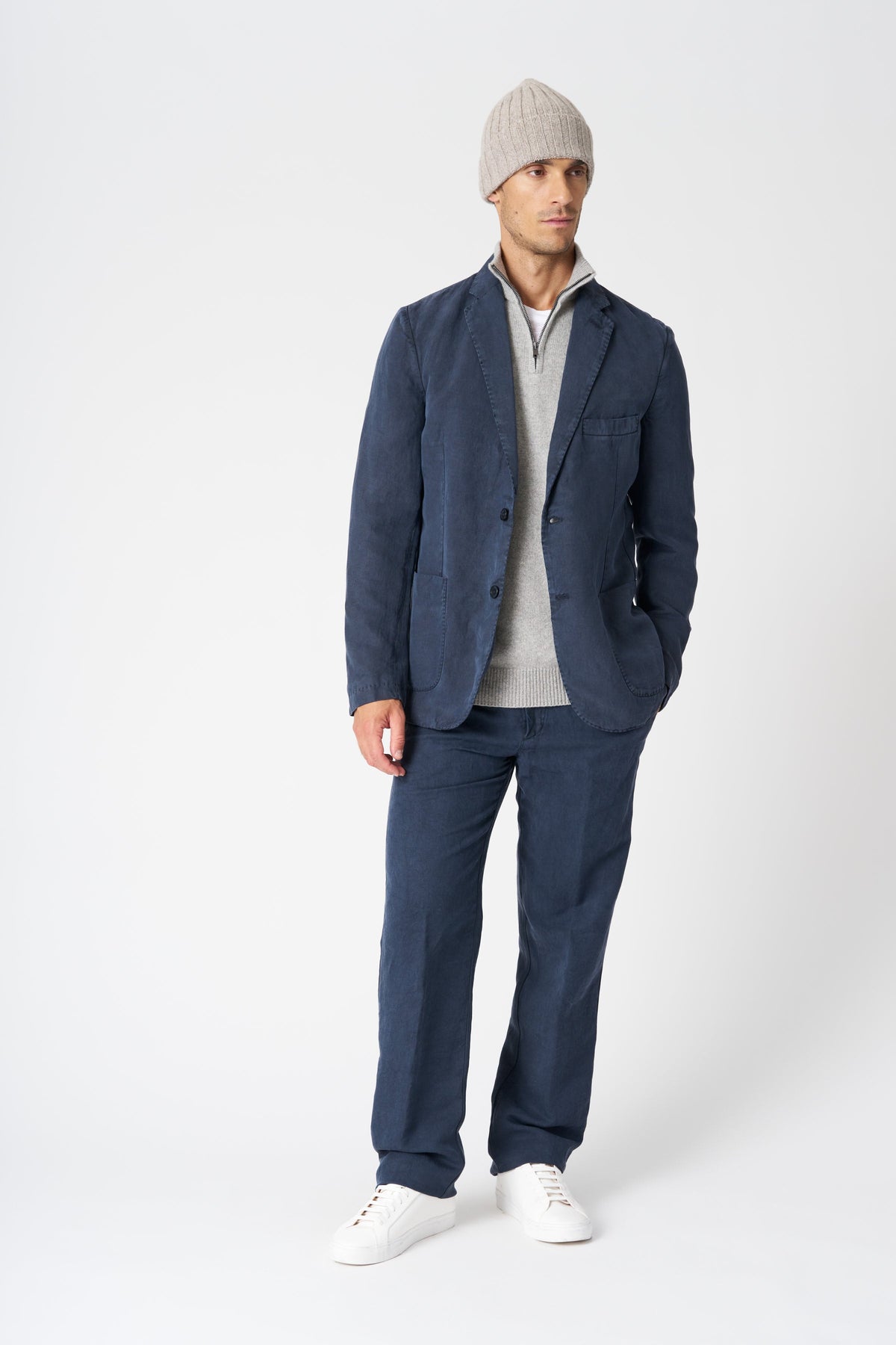 Men's Linen-Lyocell Tailored Single-Breasted Jacket – Marine, view 3