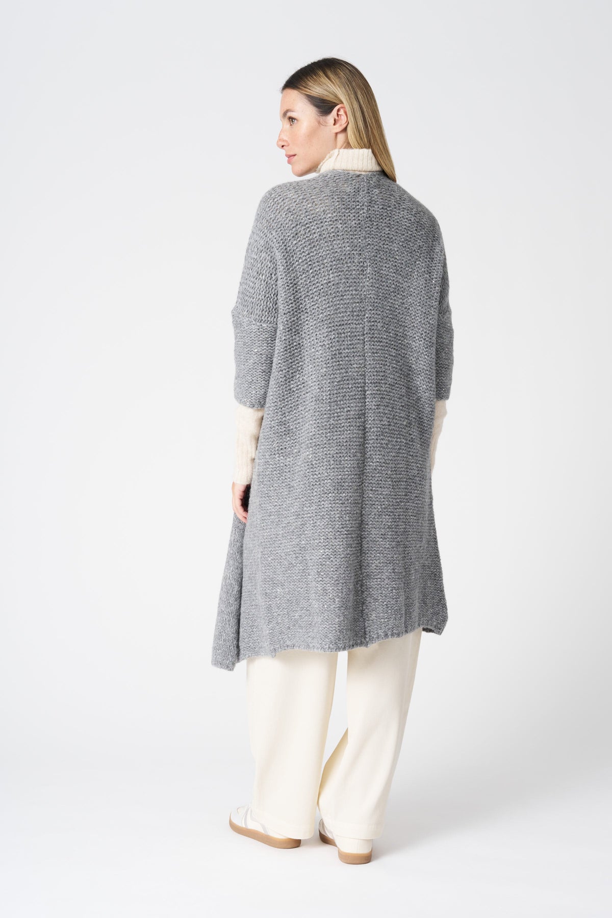 Women's Long Knit Cardigan with Sequins – Stone, view 3