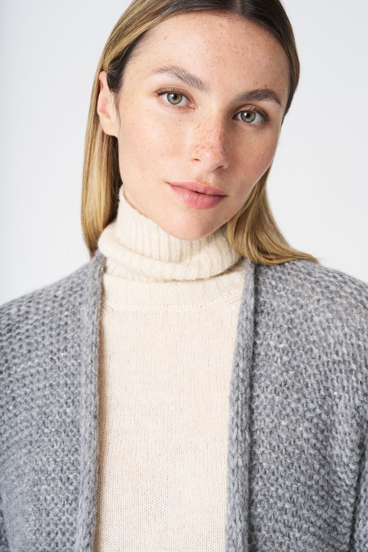 Women's Long Knit Cardigan with Sequins – Stone, view 4