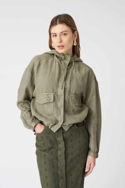Women's Linen Jacket with Hood and Drawstring Waist – Cactus, view 1