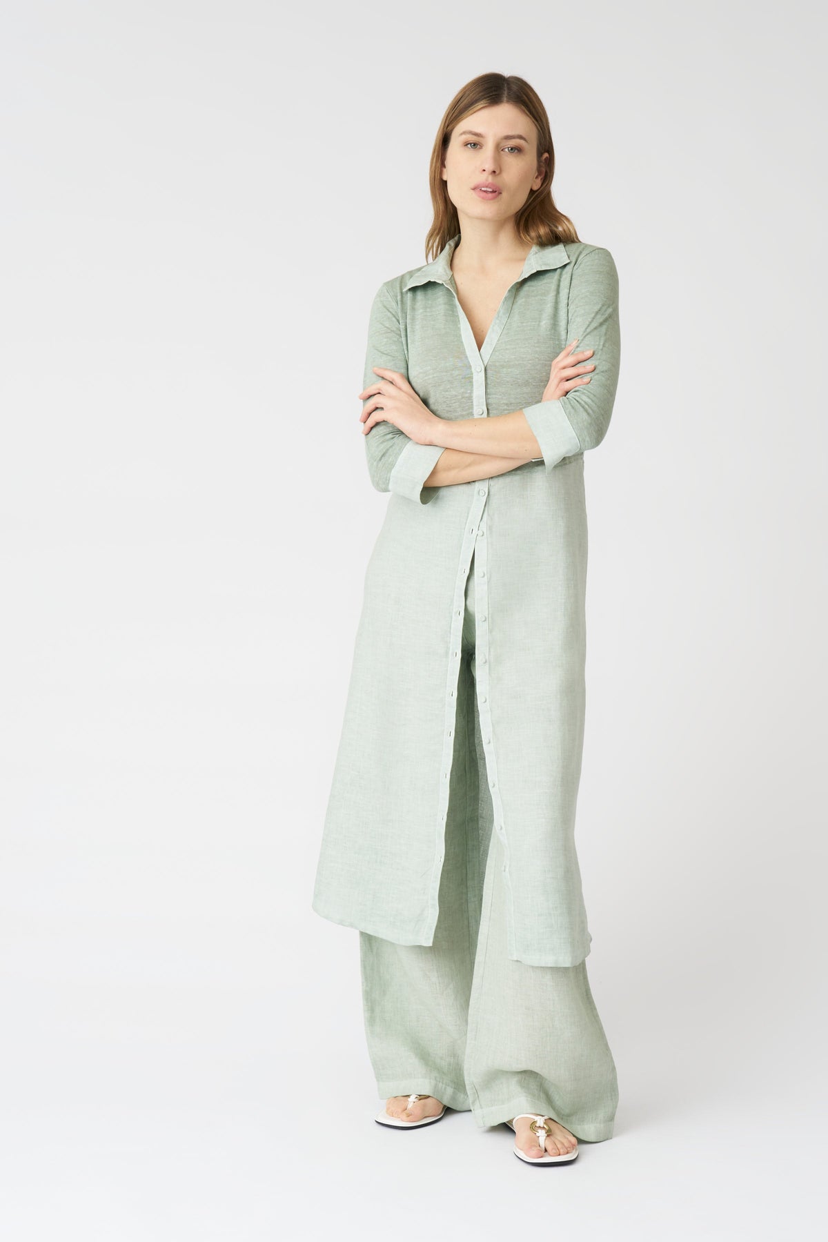 Women's 'Kat' Linen Shirt Dress – Pistache Soft Fade, view 3