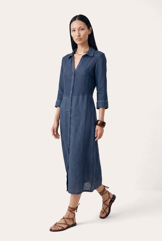 Women's Linen Midi Shirt Dress – Ink Soft Fade, view 1