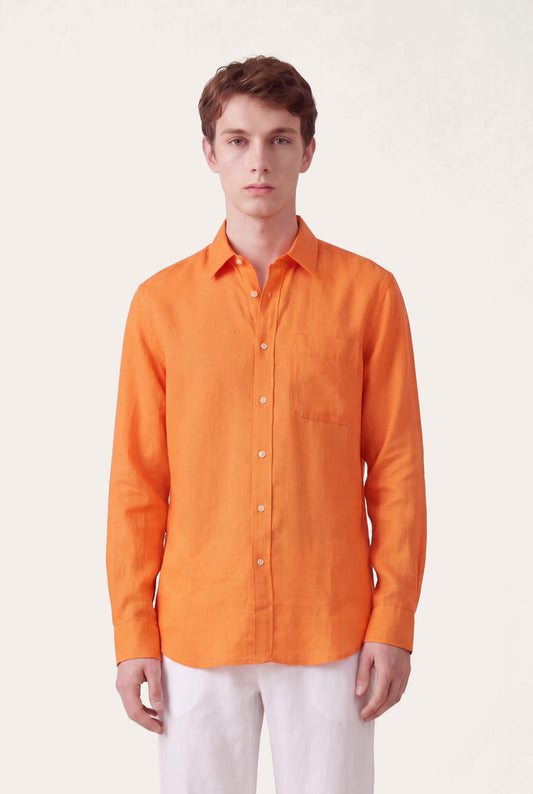 Men's Long-Sleeve Linen Button-Up Shirt – Tangerine, view 1