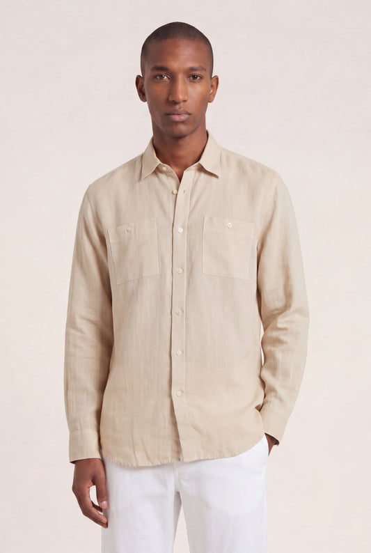 Men's Long-Sleeve Linen Shirt with Dual Pockets – Safari Soft Fade, view 1