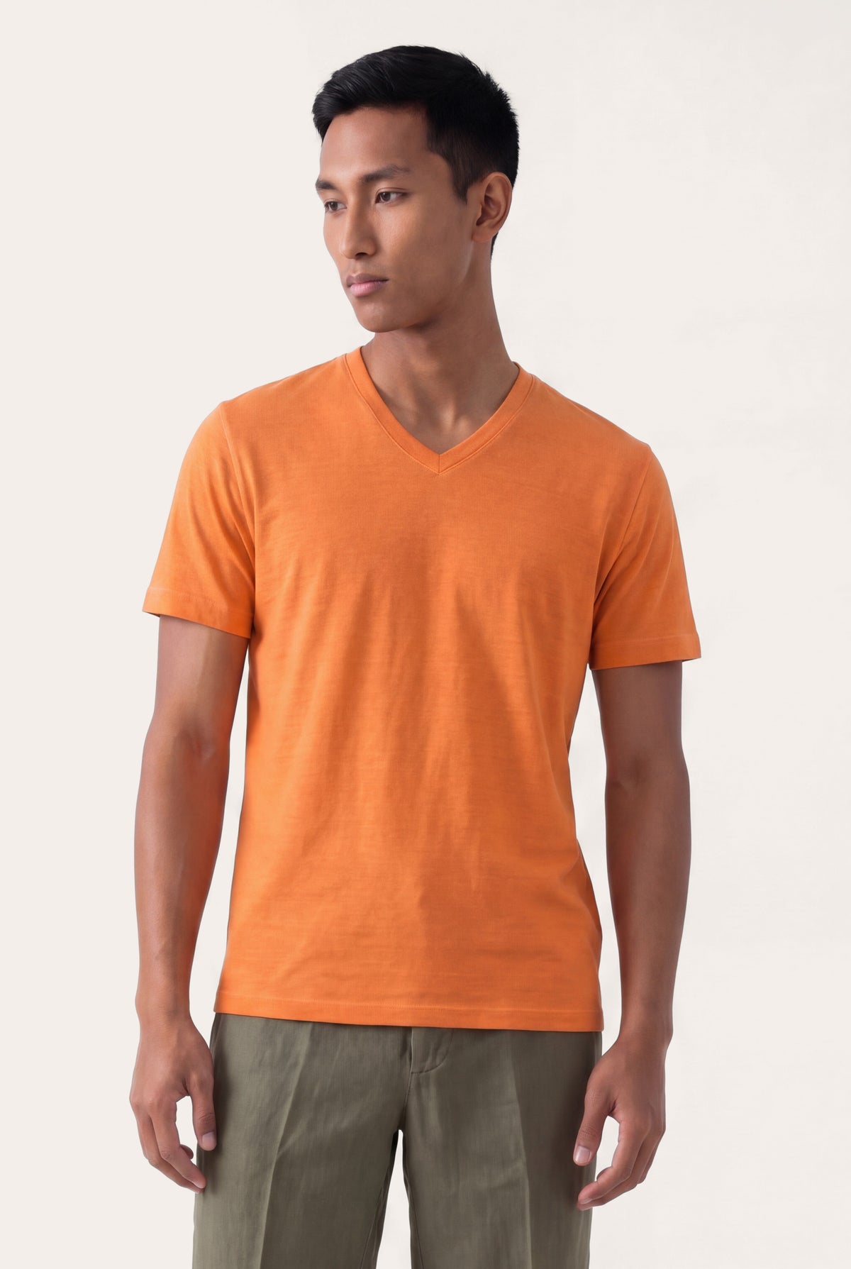 Men's Linen Slim Fit V-Neck T-Shirt – Tangerine, view 1