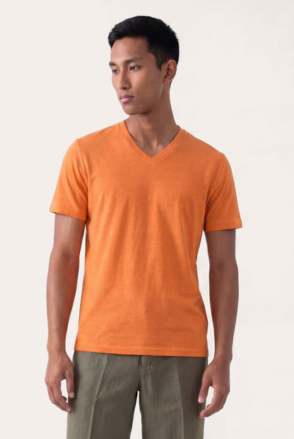 Men's Linen Slim Fit V-Neck T-Shirt – Tangerine, view 1