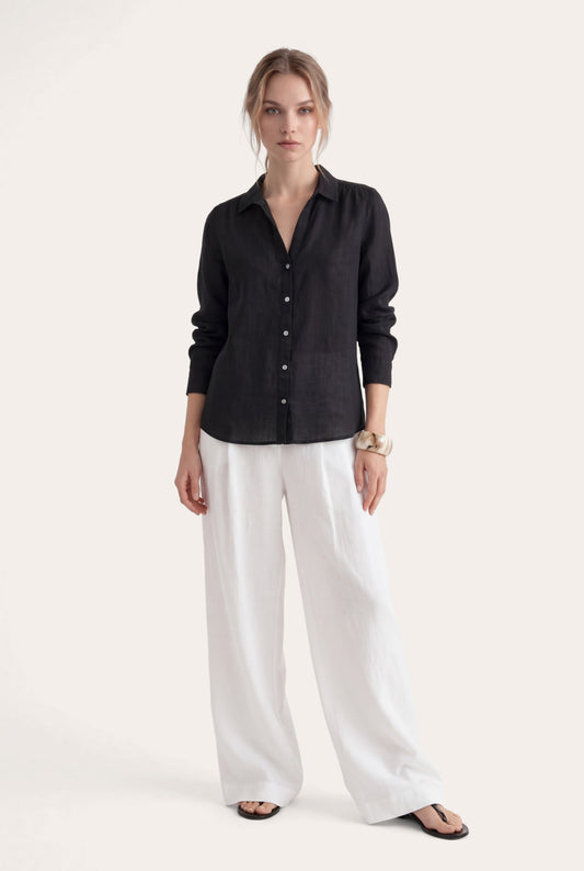 Women's Relaxed-Fit V-Neck Linen Shirt – Black, view 1
