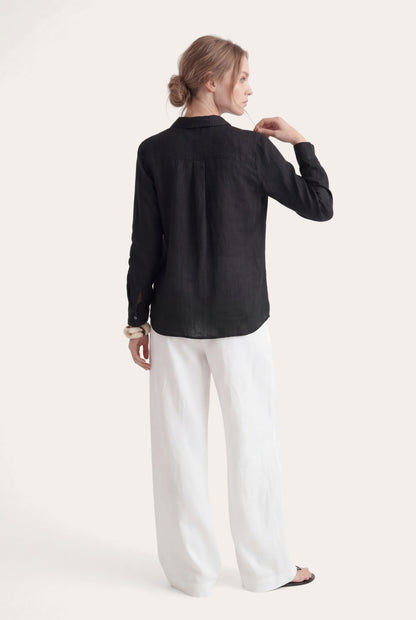 Women's Relaxed-Fit V-Neck Linen Shirt – Black, view 4