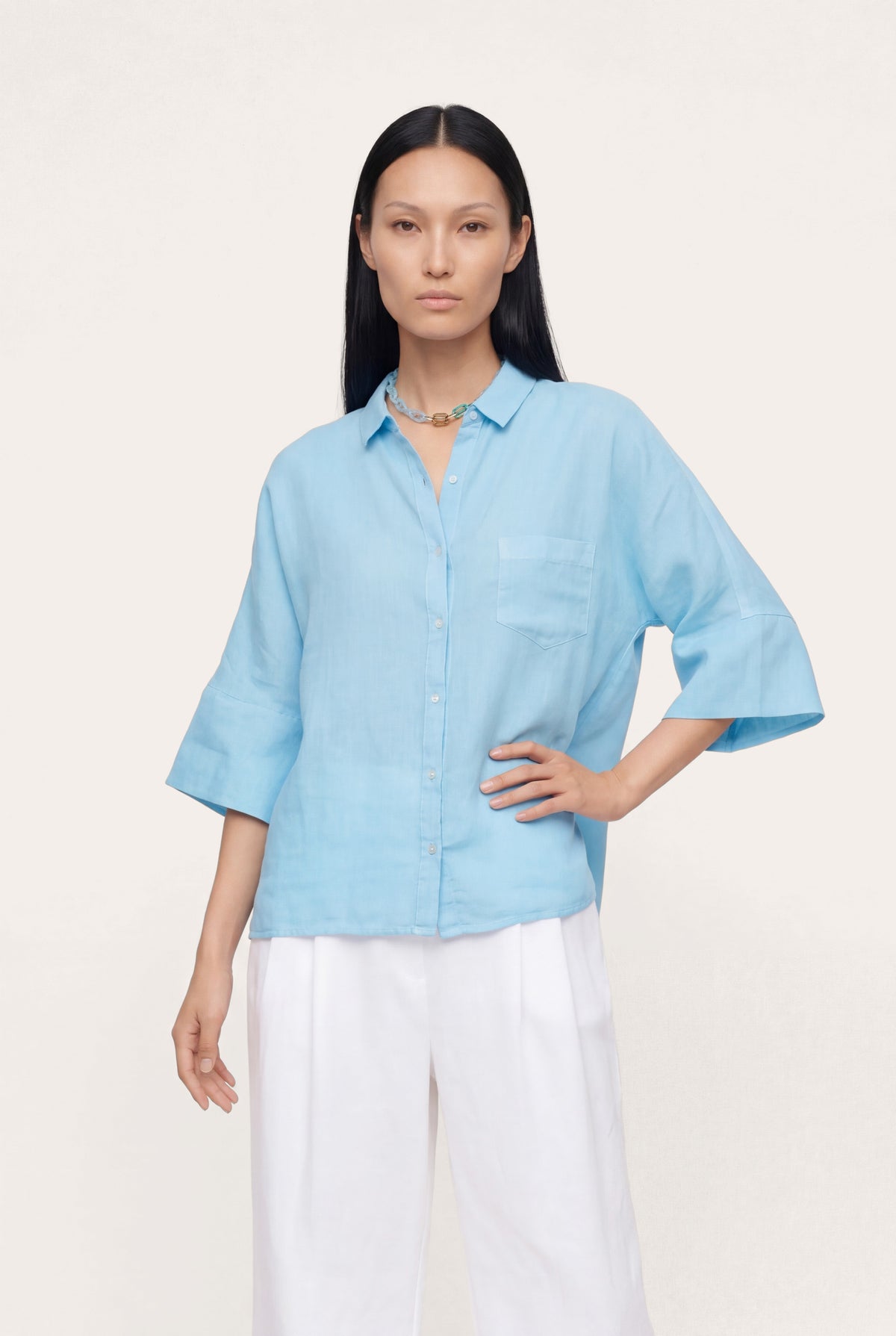 Women's Linen Relaxed-Fit Shirt with Chest Pocket – Navy Fade, view 10