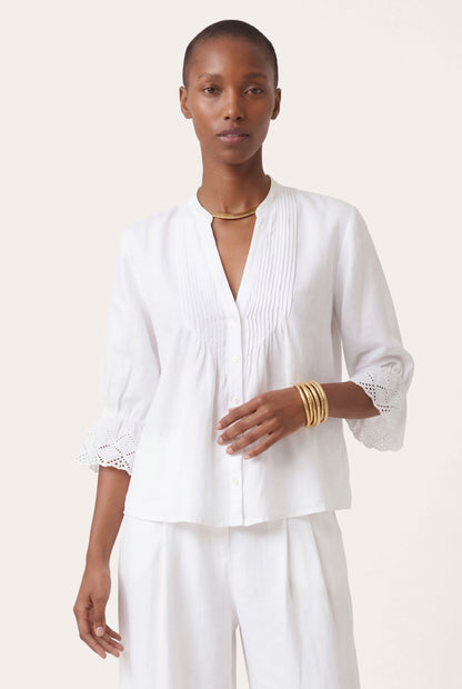 Women's Pintuck Linen Blouse with Embroidered Cuffs – White, view 1