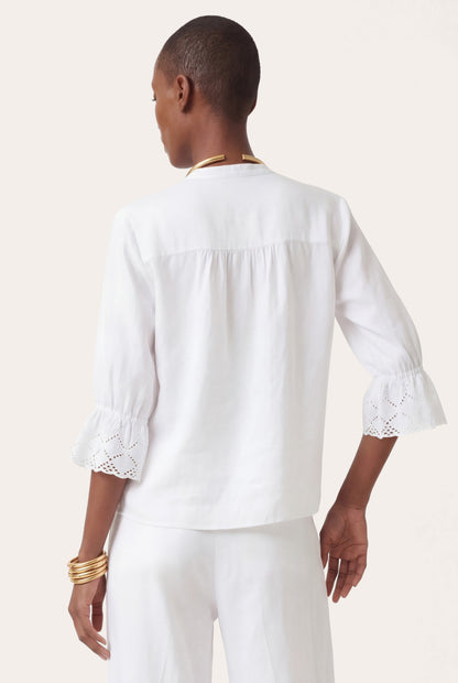 Women's Pintuck Linen Blouse with Embroidered Cuffs – White, view 4