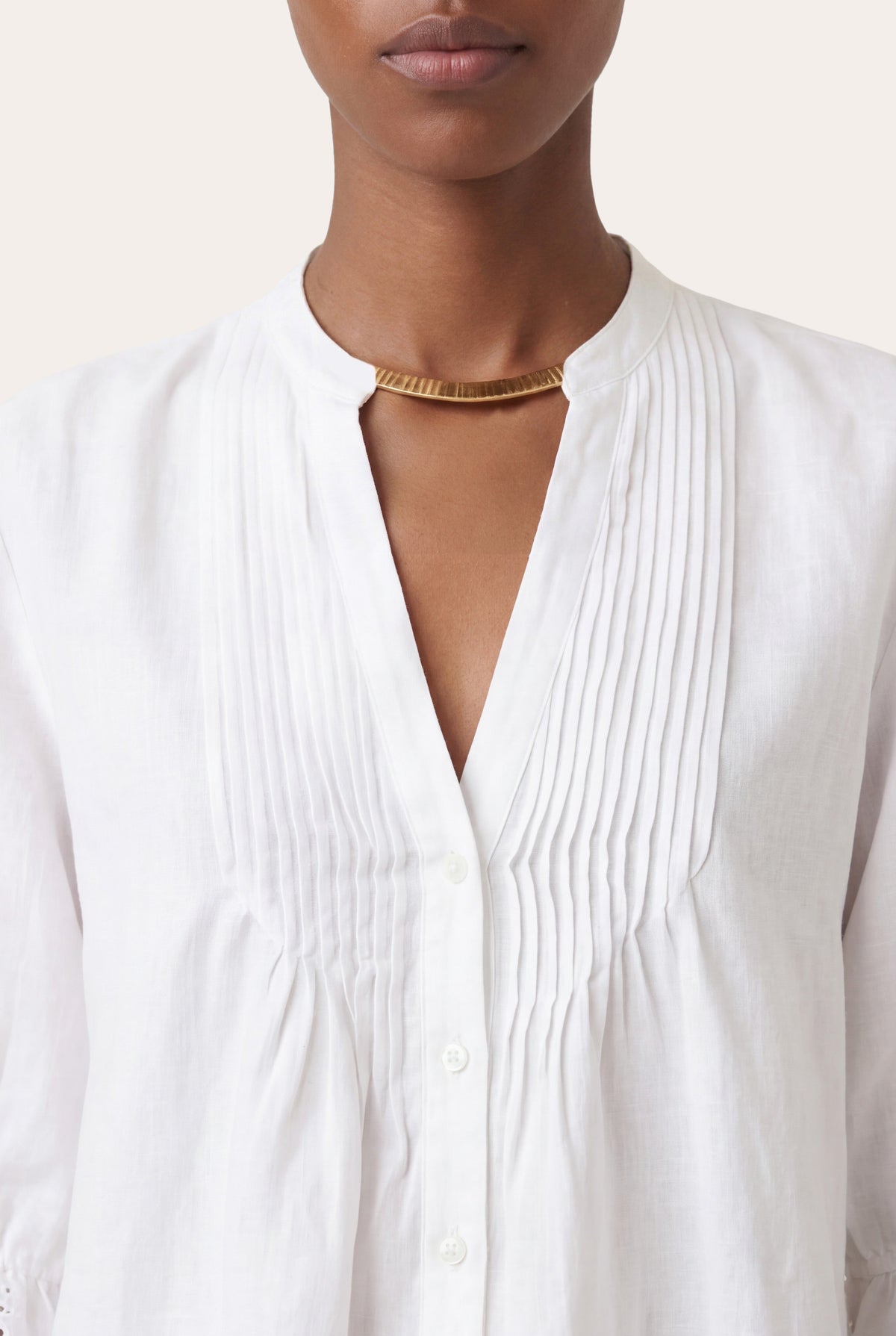 Women's Pintuck Linen Blouse with Embroidered Cuffs – White, view 3