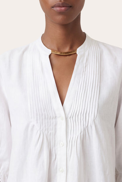 Women's Pintuck Linen Blouse with Embroidered Cuffs – White, view 3