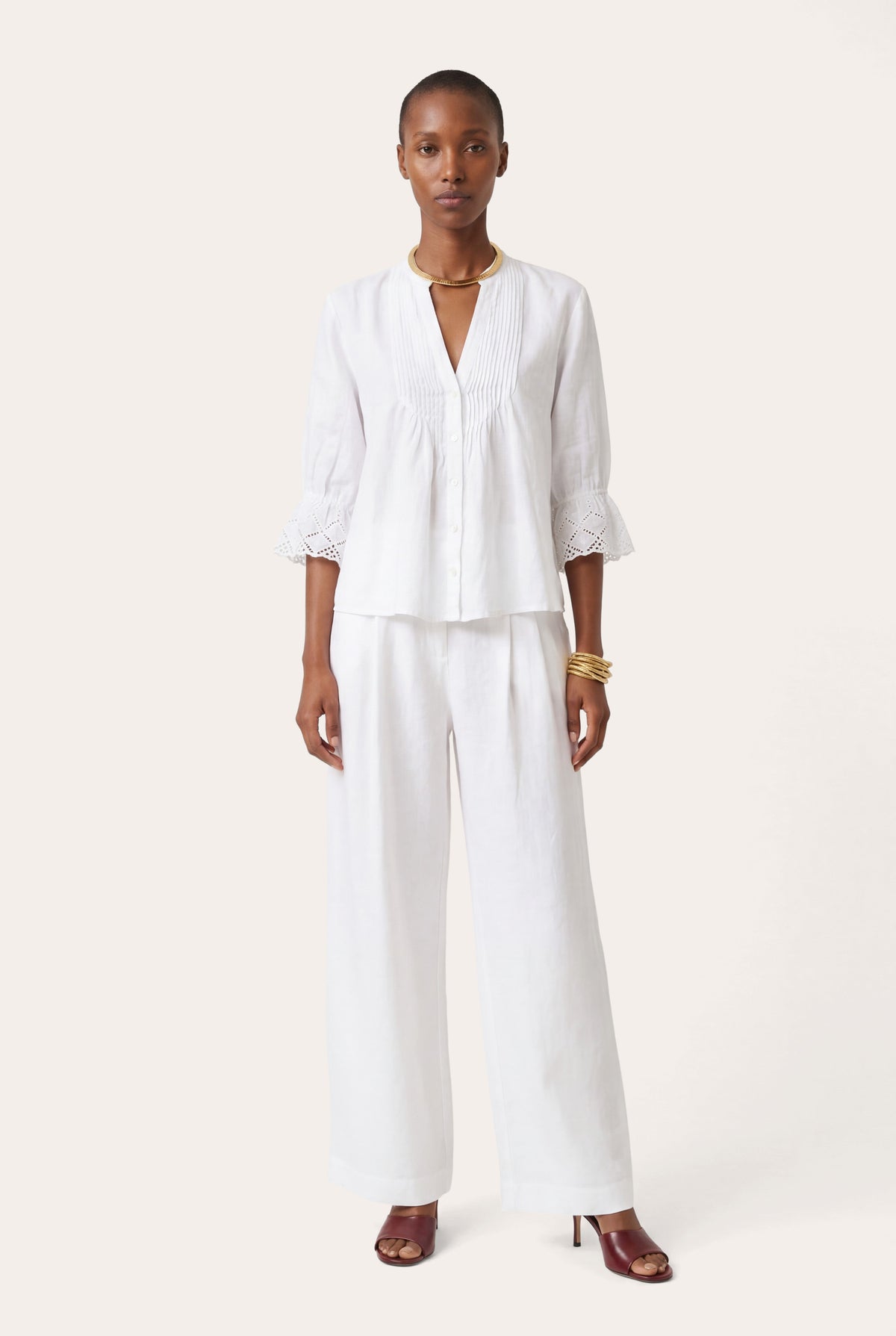 Women's Pintuck Linen Blouse with Embroidered Cuffs – White, view 2