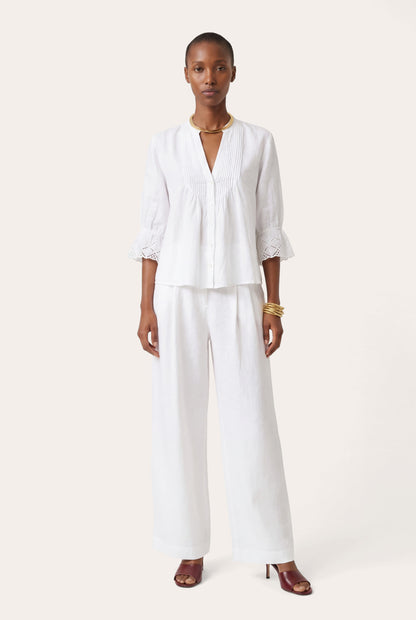 Women's Pintuck Linen Blouse with Embroidered Cuffs – White, view 2
