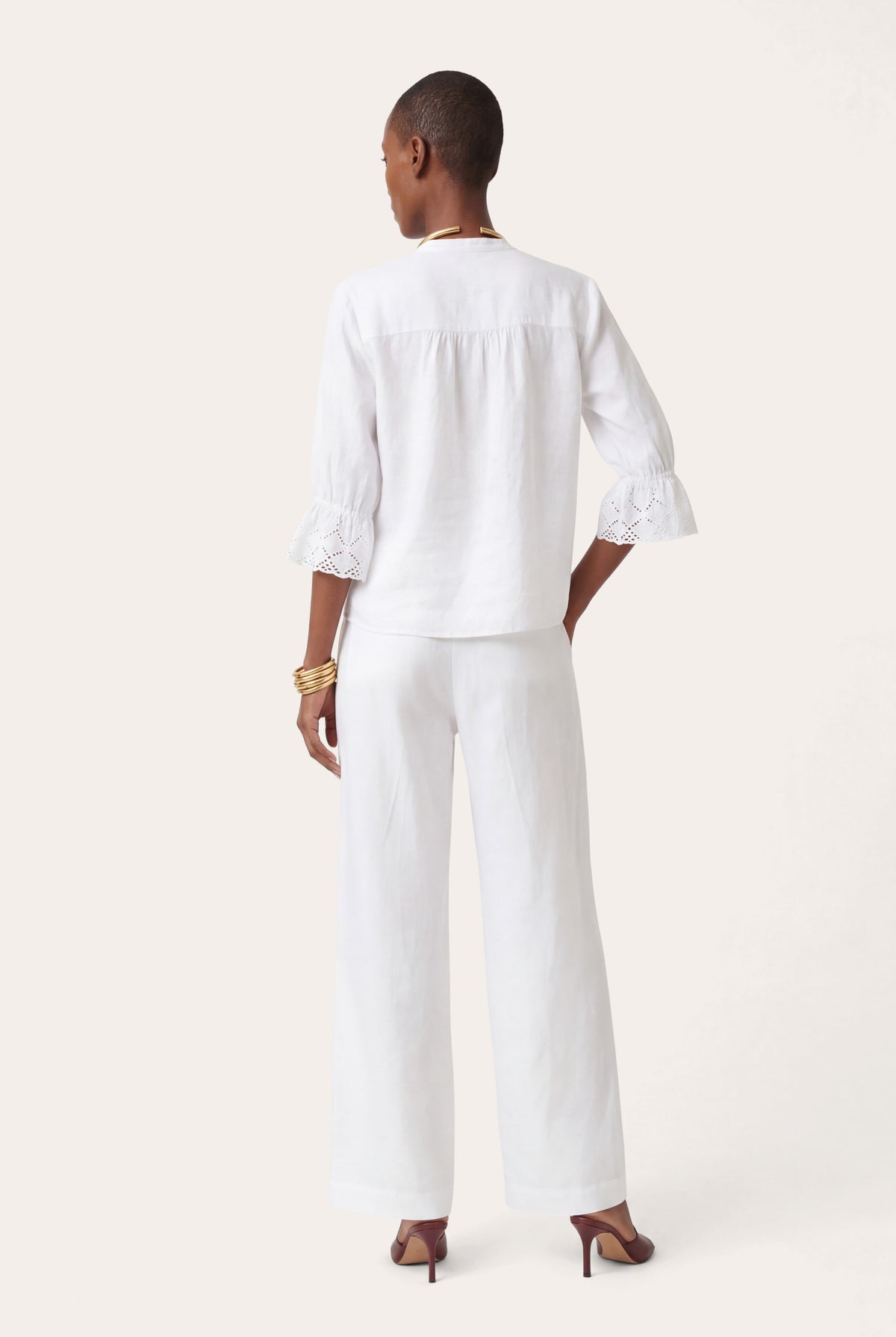 Women's Pintuck Linen Blouse with Embroidered Cuffs – White, view 5