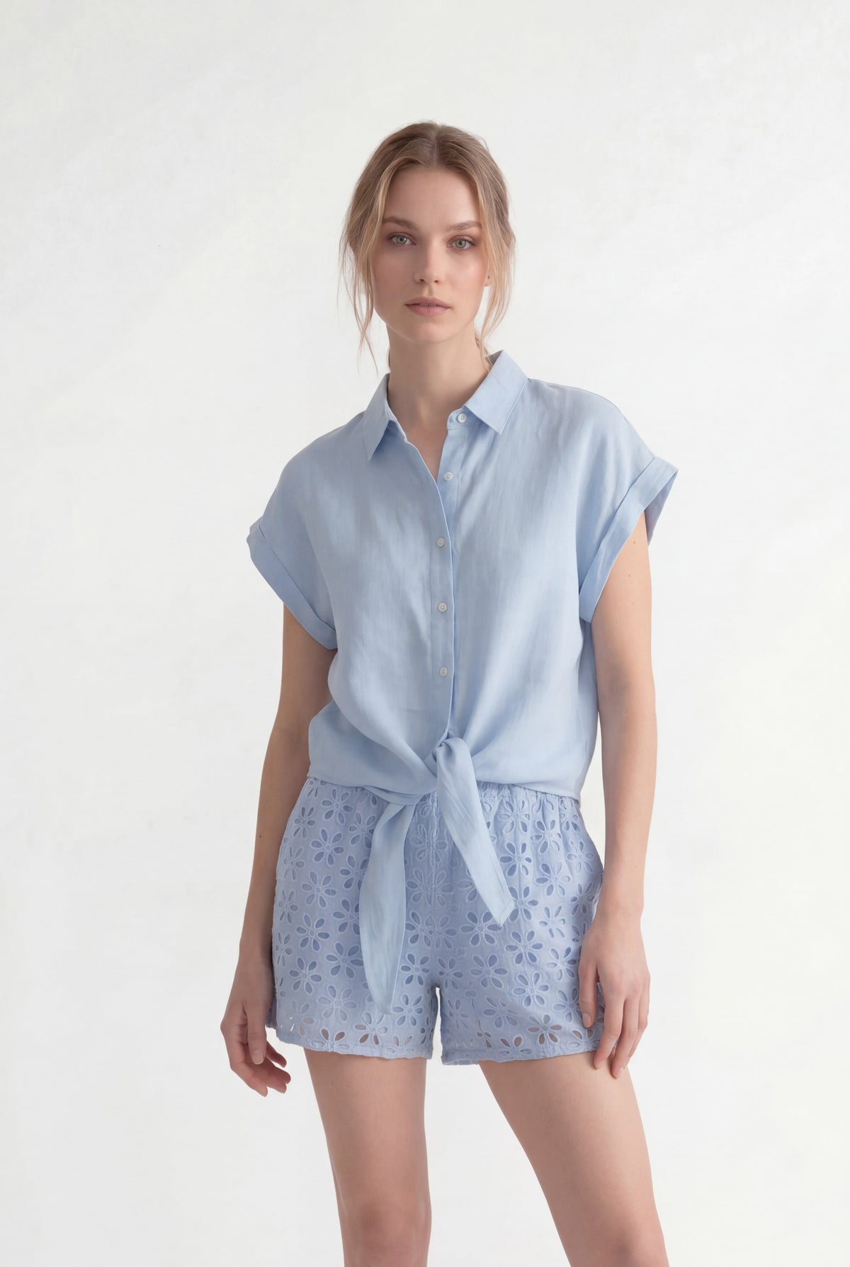 Women's Regular-Fit Short-Sleeved Linen Tie-Front Shirt – Placid Blue, view 1