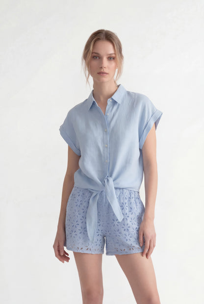 Women's Regular-Fit Short-Sleeved Linen Tie-Front Shirt – Placid Blue, view 1