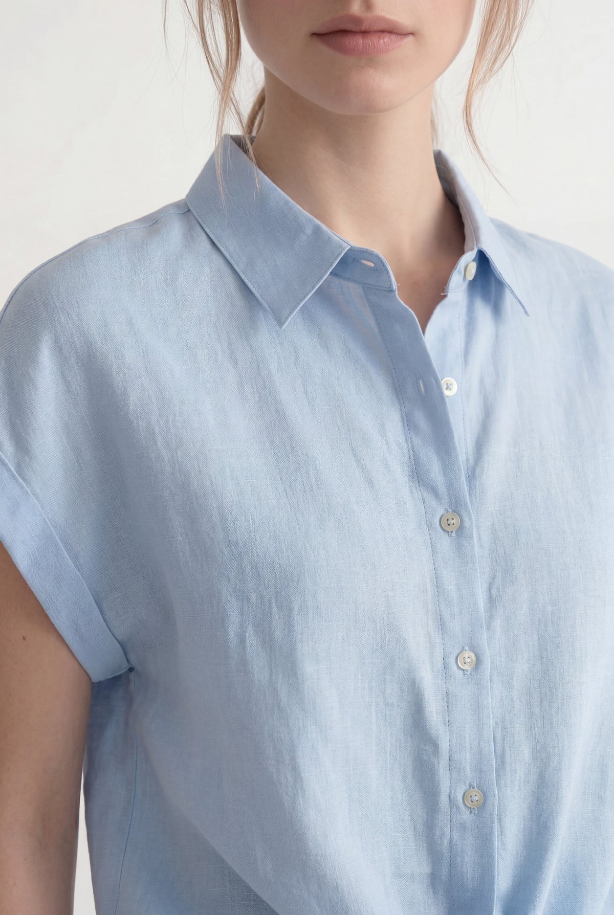Women's Regular-Fit Short-Sleeved Linen Tie-Front Shirt – Placid Blue, view 4