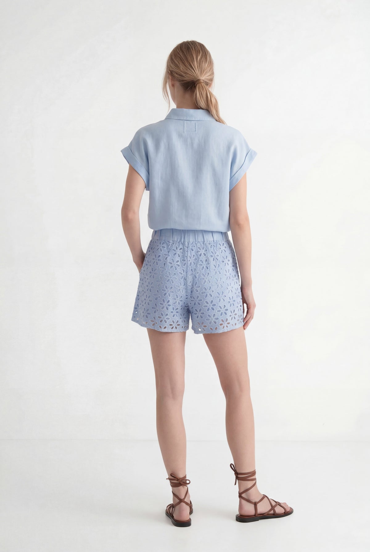 Women's Regular-Fit Short-Sleeved Linen Tie-Front Shirt – Placid Blue, view 6