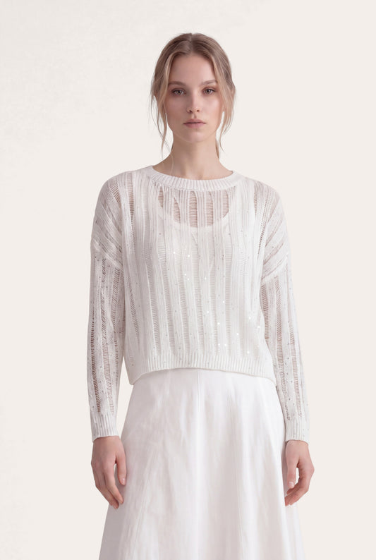 Women's Open Knit Sweater with Sequins – White, view 1