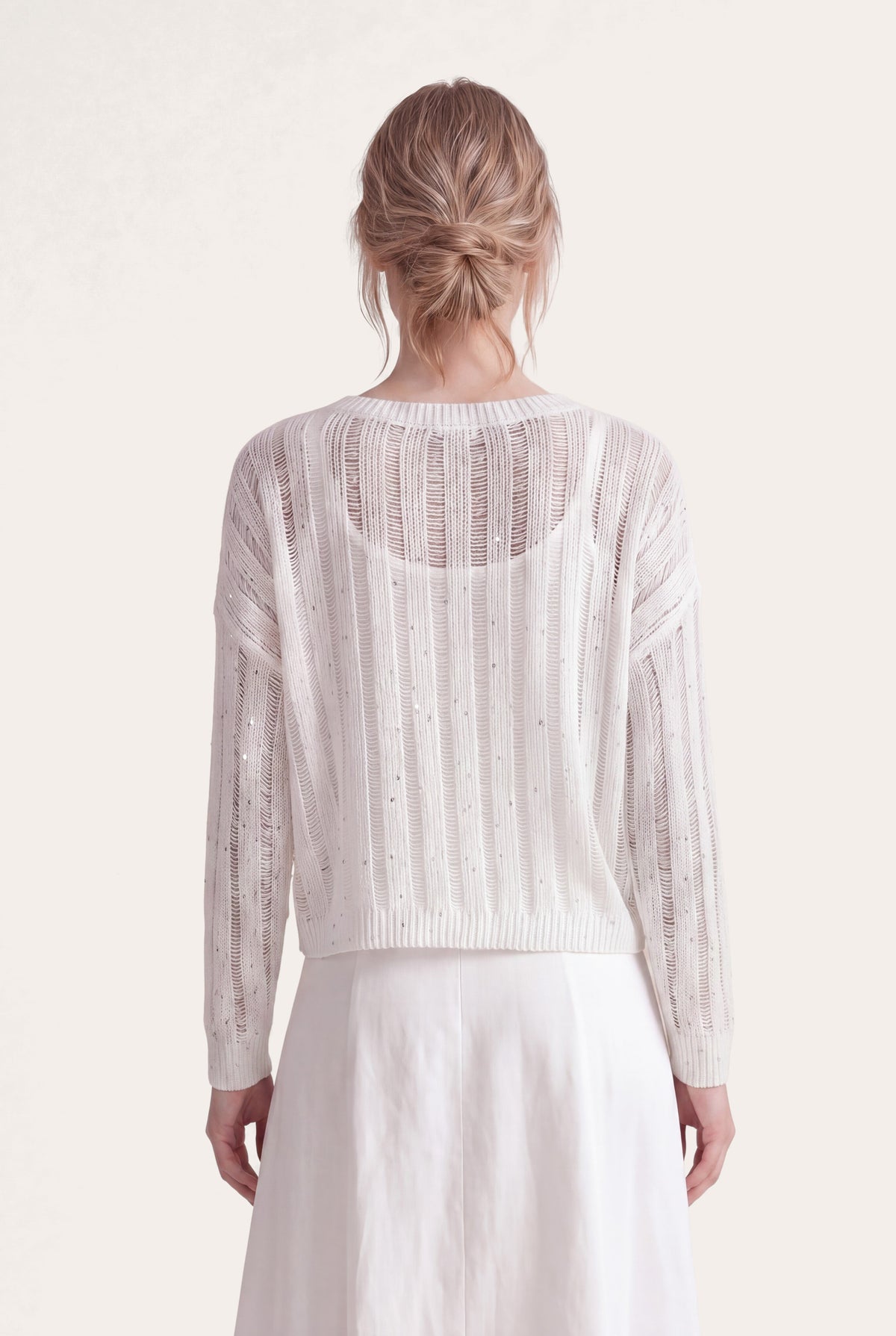 Women's Open Knit Sweater with Sequins – White, view 3