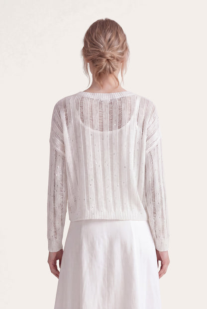 Women's Open Knit Sweater with Sequins – White, view 3