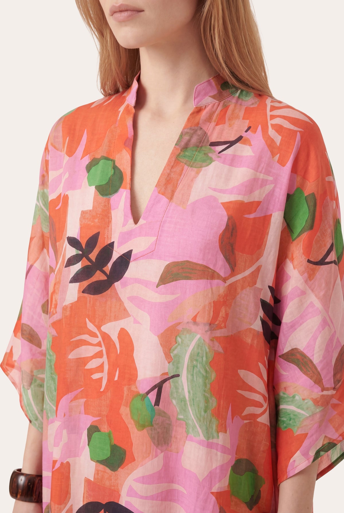 Women's Oversized Printed V-Neck Kaftan Dress – Washed-Pink Print, view 2