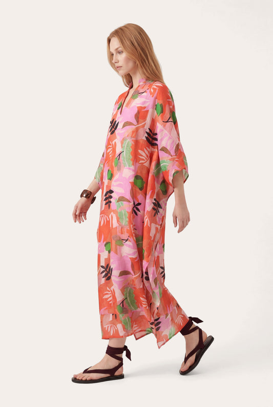 Women's Oversized Printed V-Neck Kaftan Dress – Washed-Pink Print, view 1