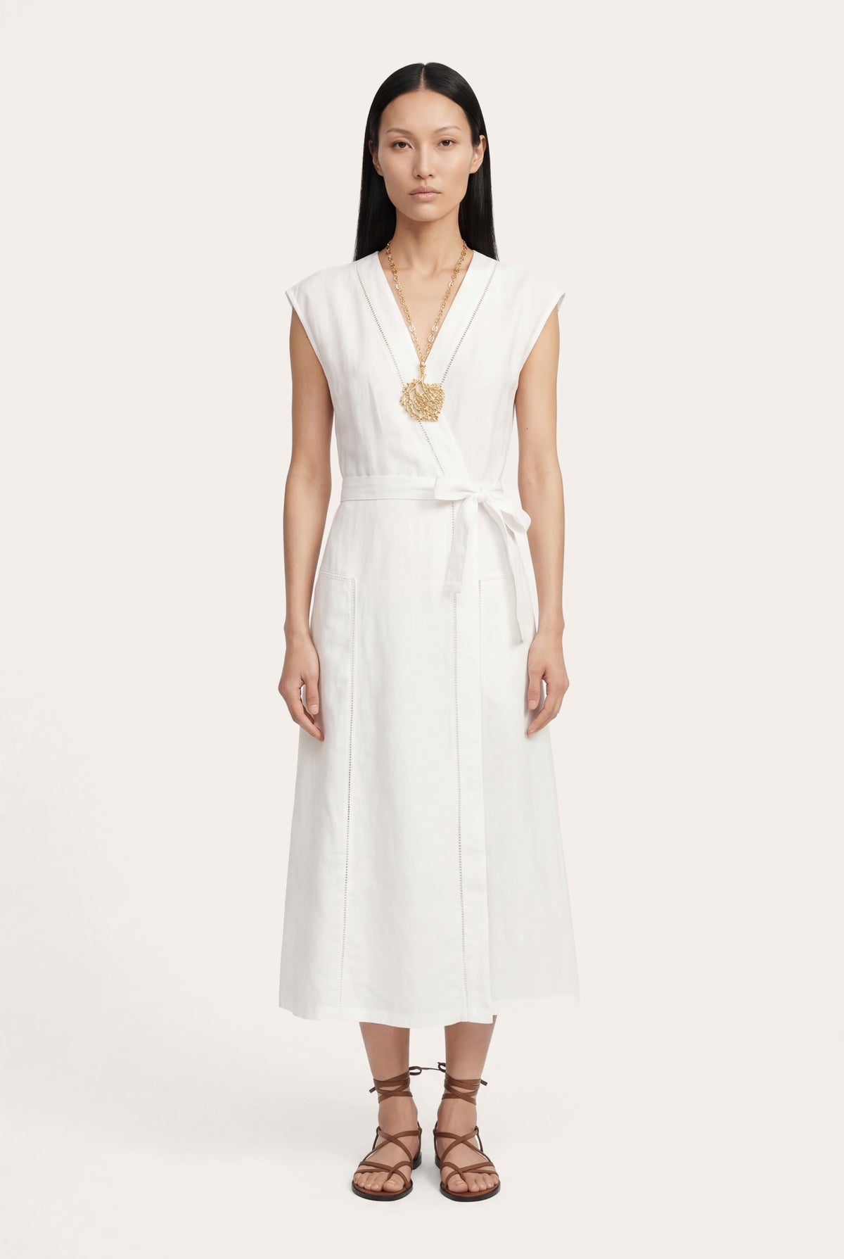 Women's Wrap-Effect Linen Midi Dress – White, view 1