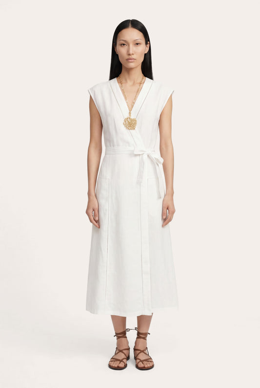 Women's Wrap-Effect Linen Midi Dress – White, view 1