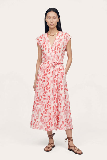 Women's Printed Flared Hem Linen Midi Dress – Pink Print, view 1