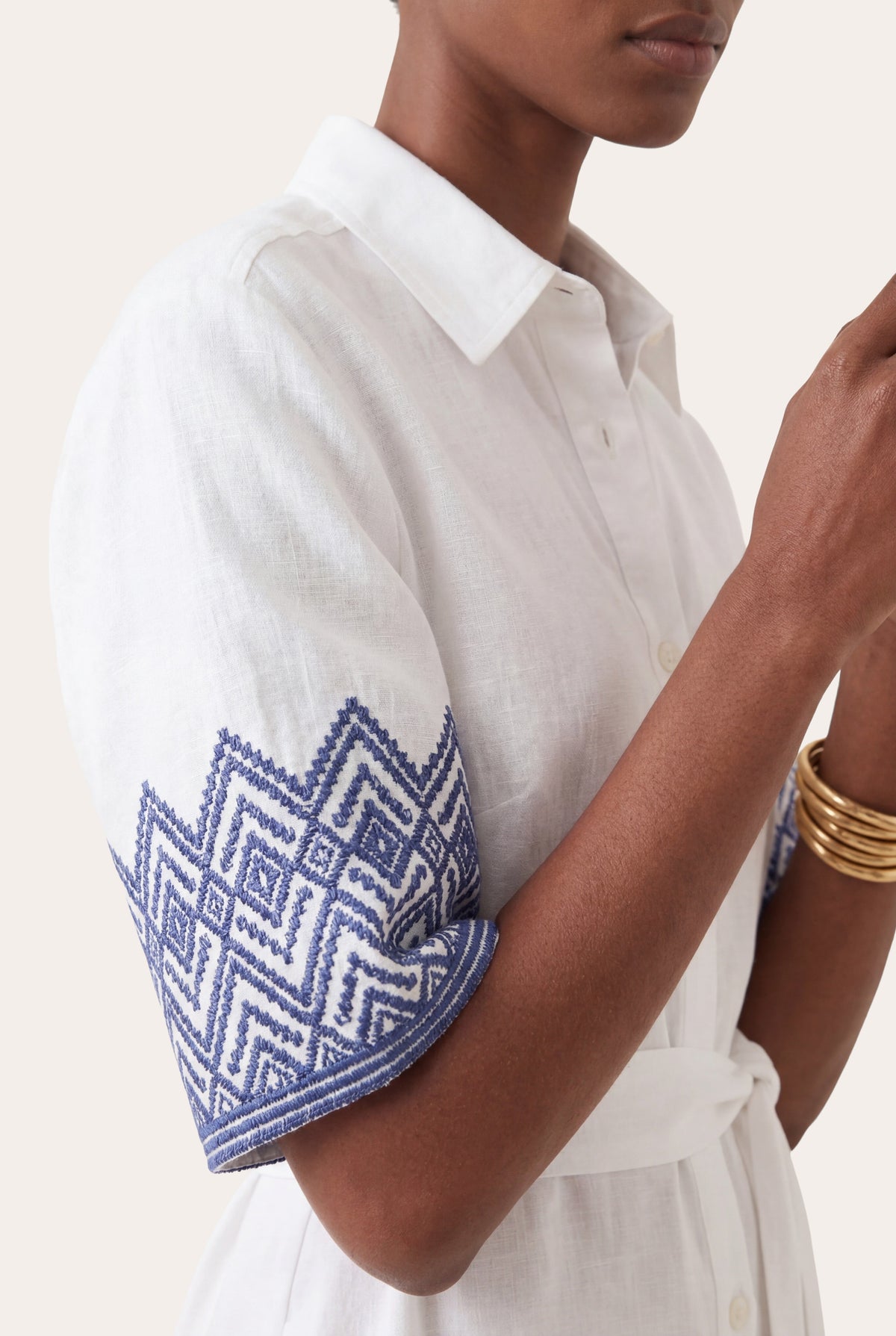 Women's Embroidered Linen Midi Shirt Dress – White, view 2