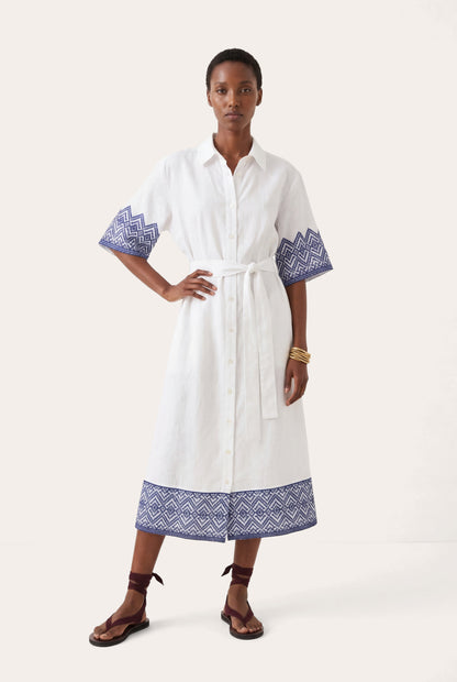 Women's Embroidered Linen Midi Shirt Dress – White, view 1