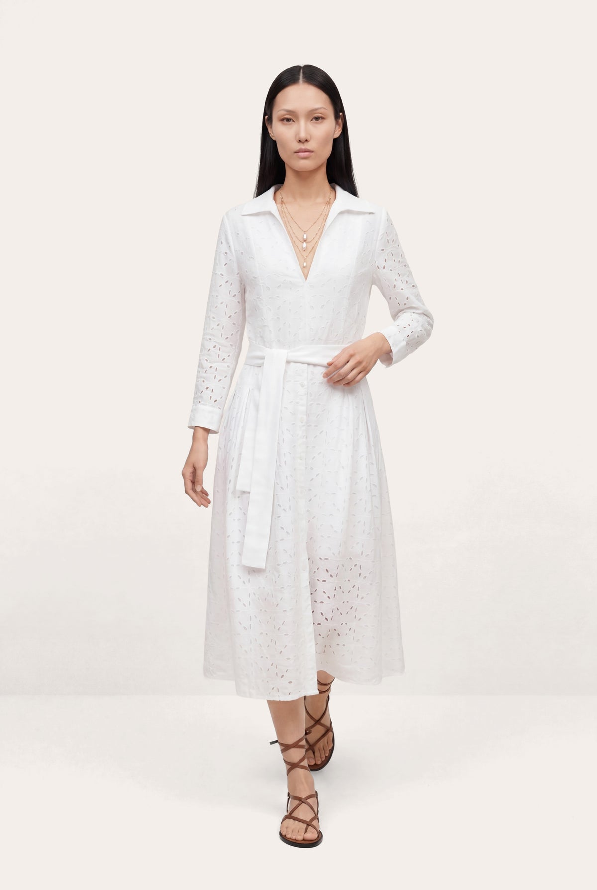 Women's Eyelet Belted Linen Midi Dress – White, view 1