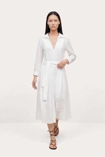 Women's Eyelet Belted Linen Midi Dress – White, view 1