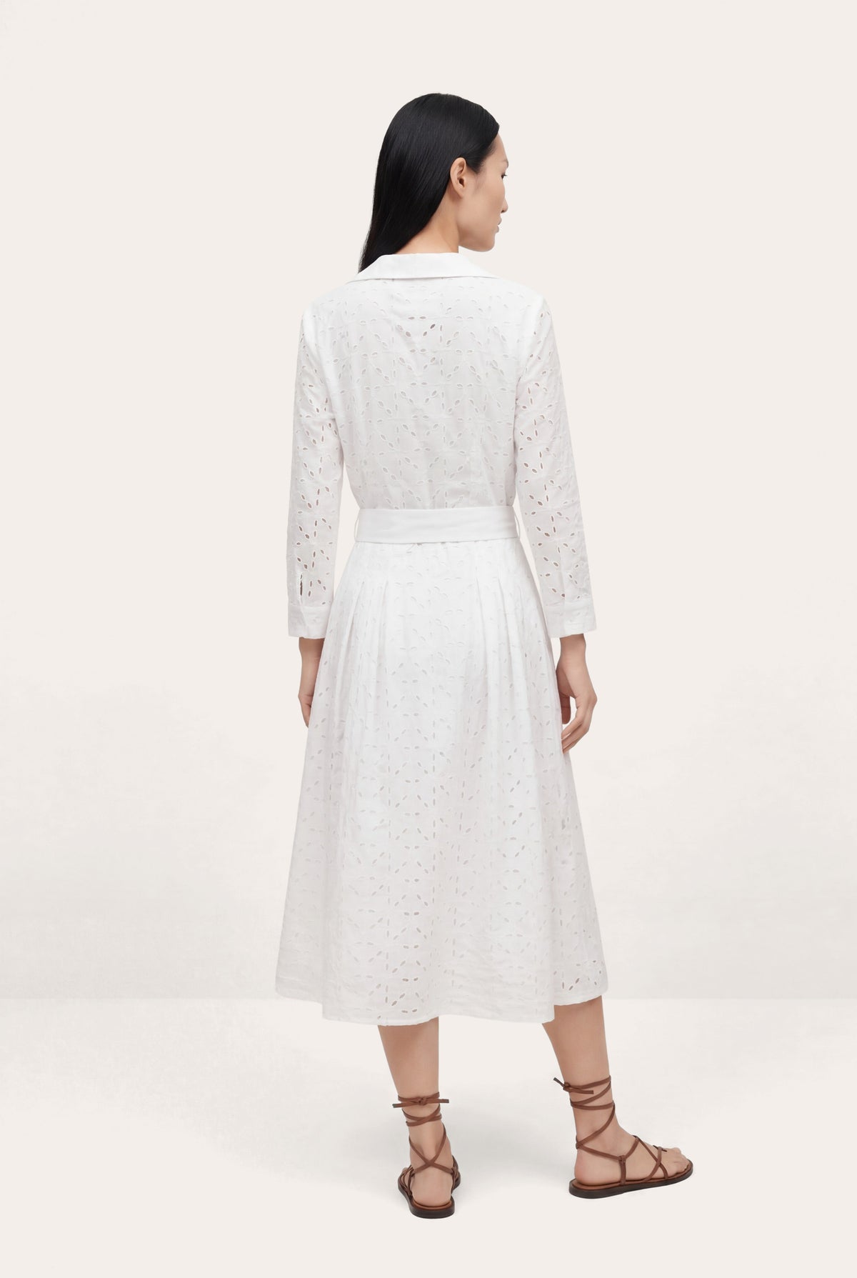 Women's Eyelet Belted Linen Midi Dress – White, view 2