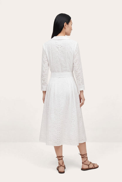 Women's Eyelet Belted Linen Midi Dress – White, view 2