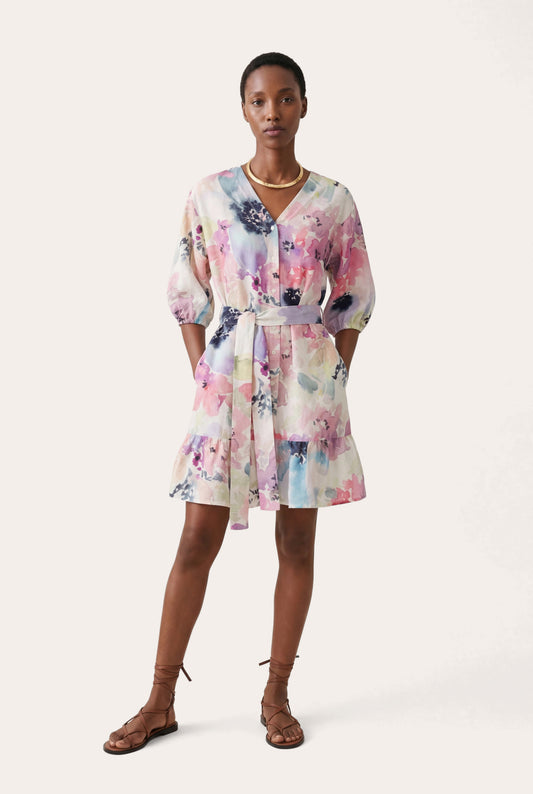 Women's Watercolor Floral Belted Mini Dress – Print, view 1
