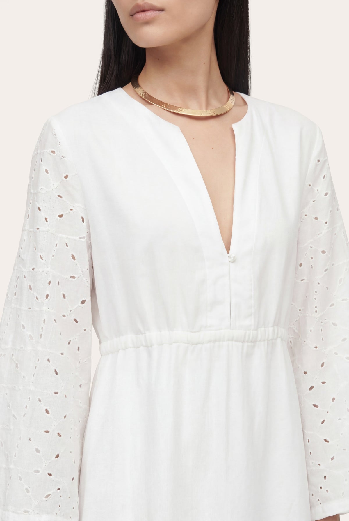 Women's Eyelet Sleeve Gathered Maxi Dress – White, view 3