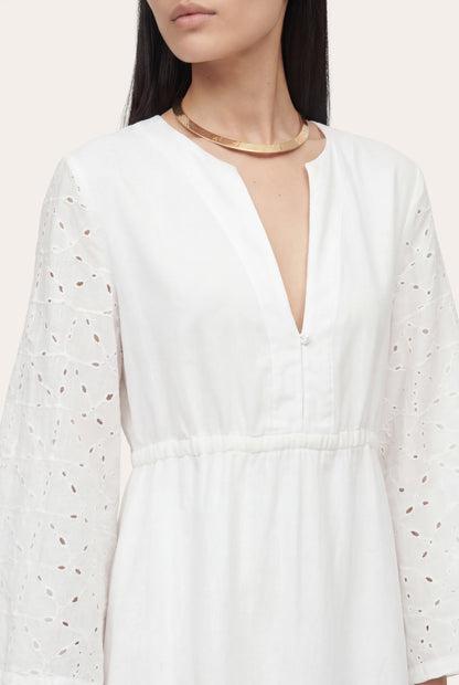 Women's Eyelet Sleeve Gathered Maxi Dress – White, view 3