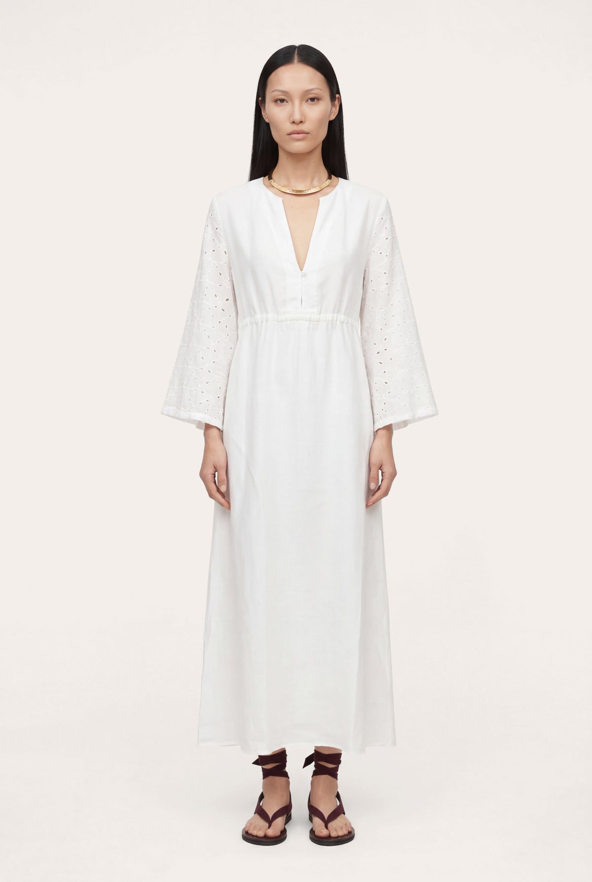 Women's Eyelet Sleeve Gathered Maxi Dress – White, view 1